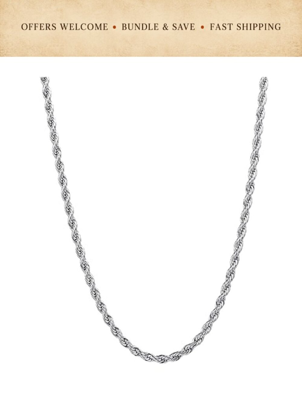 316L Stainless Steel Silver Plated Rope Chain Necklace Men Unisex Gift